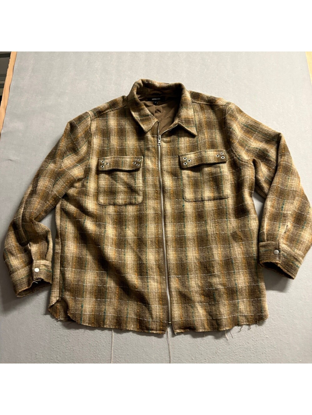 NovaMen Plaid Zip Up Shirt Jacket Mens XXL Brown Raw Hem Shacket
